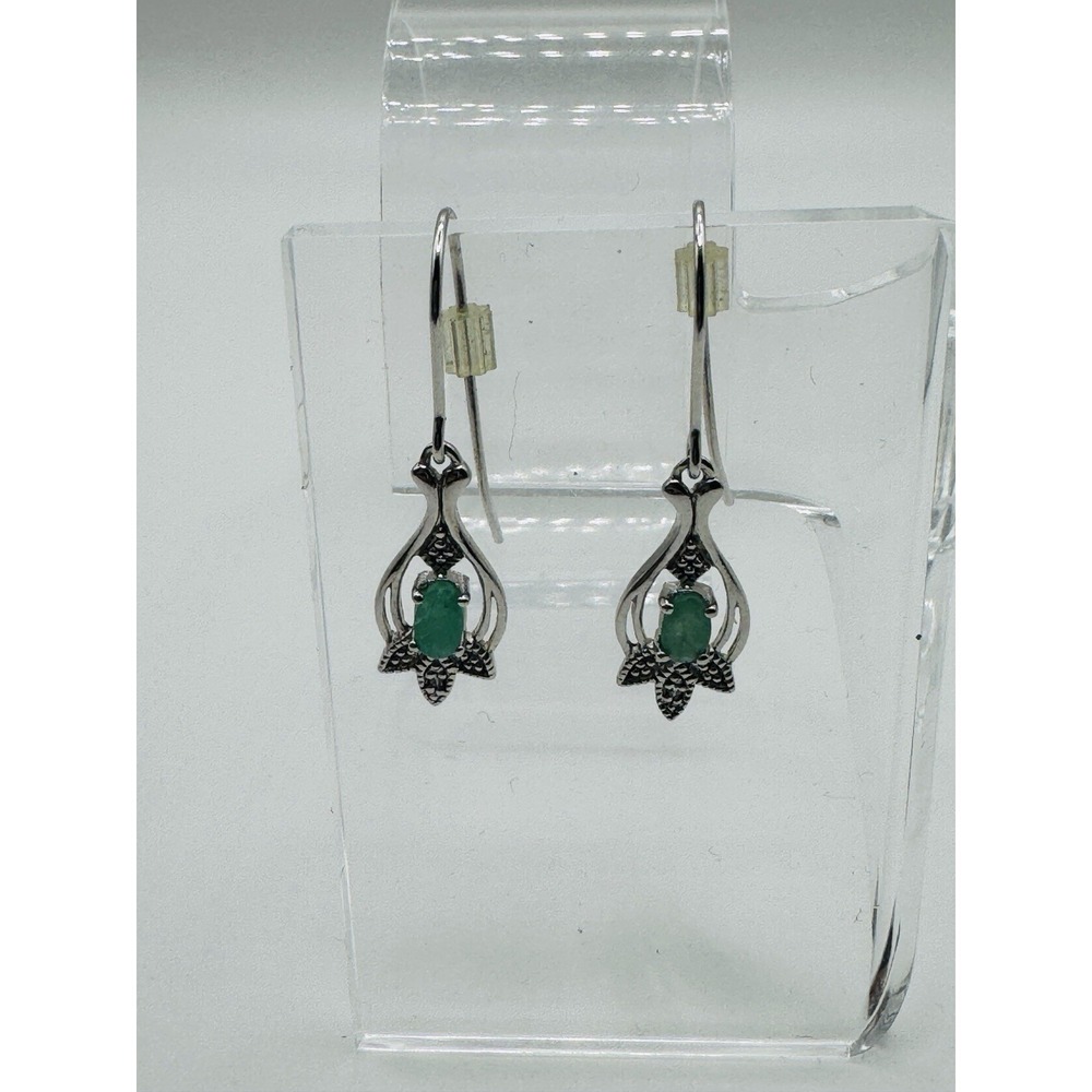 925 Sterling Silver Green Stone Dangle Earrings RJ Vintage Style